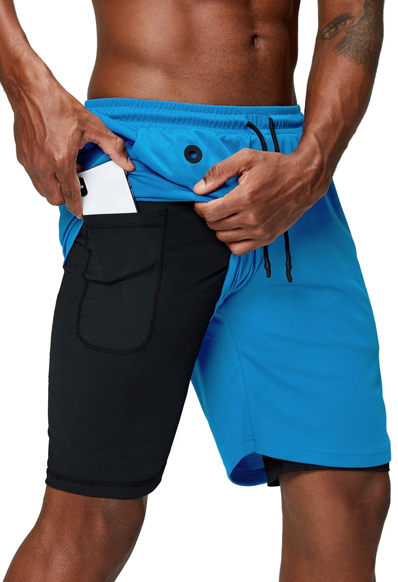 Pinkbomb Men's 2 in 1 Running Shorts Gym Workout Quick Dry Mens Shorts with Phone Pocket (Light Blue, Large - Image 1